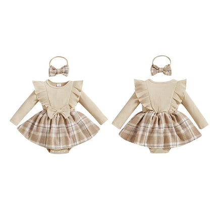 Baby Kleid Set mit Schleife & Karorock – Langarm Rippbody mit Haarband