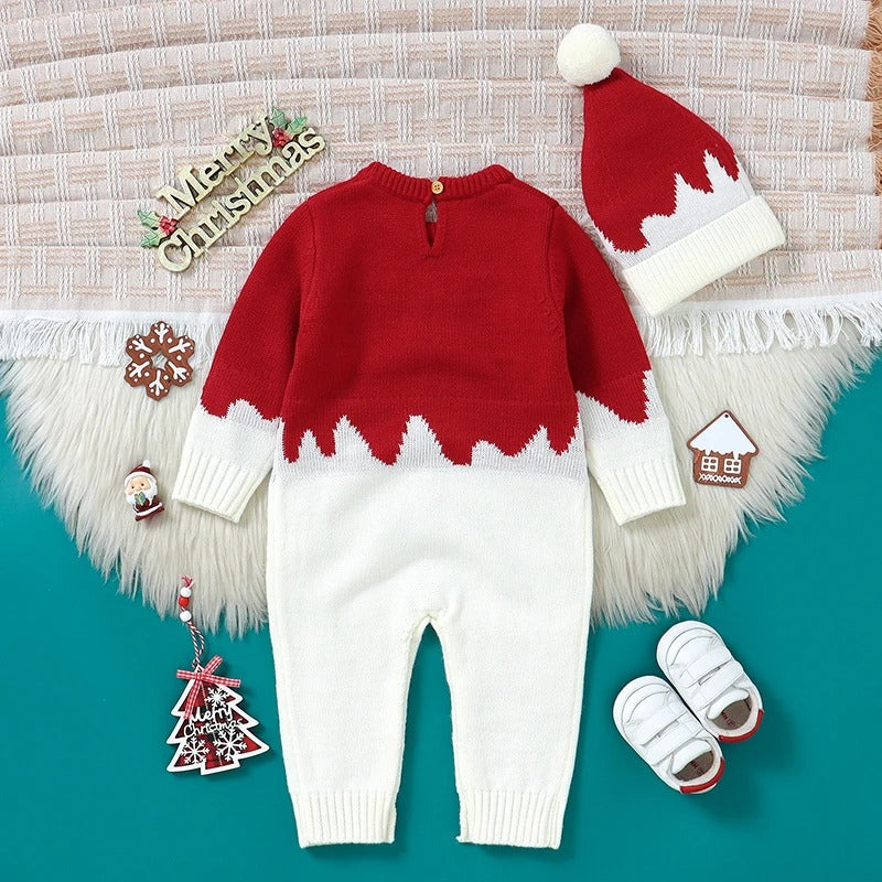 Baby-Strickoverall mit Rentiermotiv & Bommelmütze – Weihnachtlicher Strampler