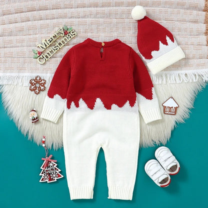 Baby-Strickoverall mit Rentiermotiv & Bommelmütze – Weihnachtlicher Strampler