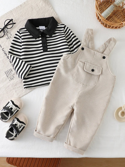 2-teiliges Baby Outfit Set Jungen – Cord Latzhose Beige & gestreiftes Langarmshirt mit Kragen (68–98)
