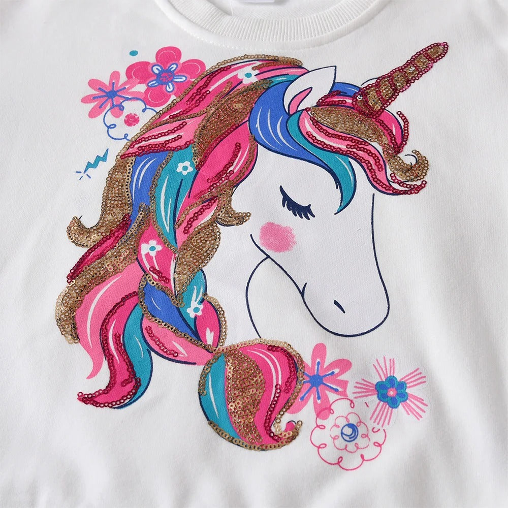 Mädchen Einhorn Sweatshirt mit Regenbogenärmeln – Glitzer & Pailletten