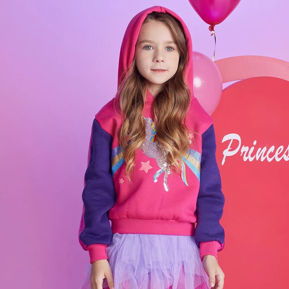 Einhorn Mädchen Hoodie mit Glitzer-Pailletten & Regenbogen – Gefütterter Kapuzenpullover