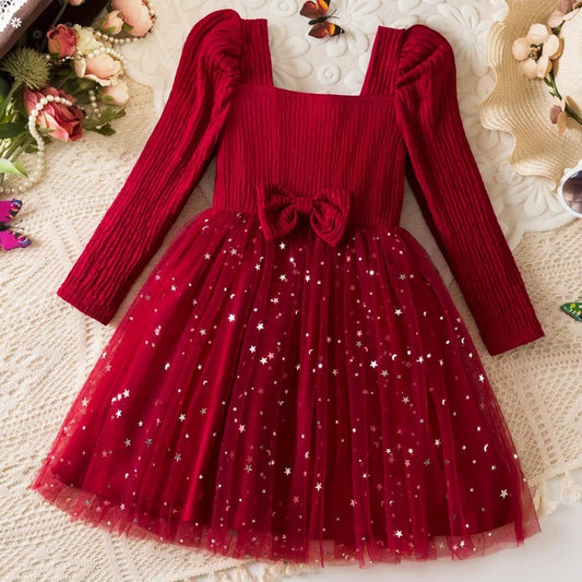Glitzerndes Mädchenkleid mit Tüllrock – Langarmkleid mit Sternenmuster / Weihnachten & festliche Anlässe