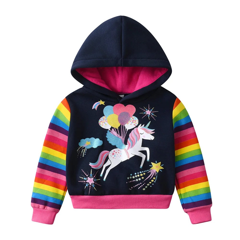 Einhorn Hoodie für Mädchen – Regenbogen Ärmel, Glitzerprint & kuschelig weich