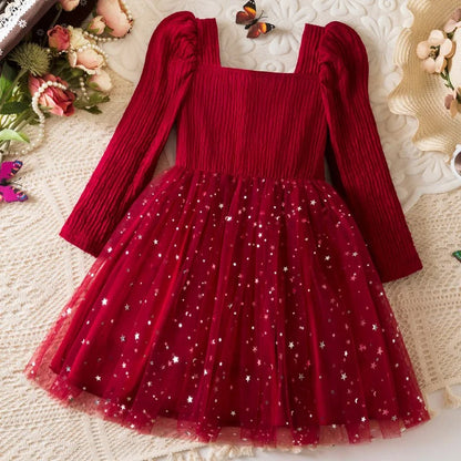 Glitzerndes Mädchenkleid mit Tüllrock – Langarmkleid mit Sternenmuster / Weihnachten & festliche Anlässe