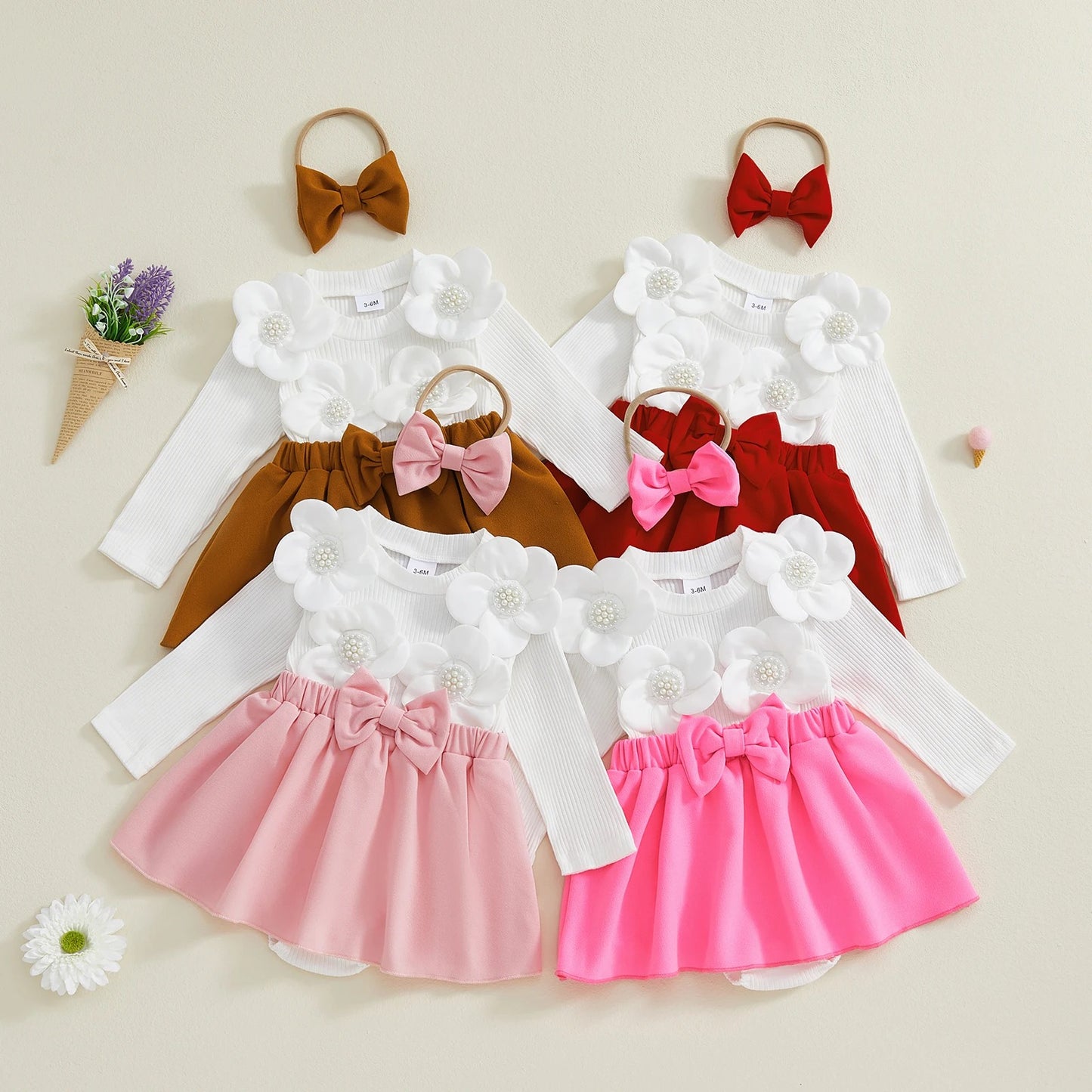 Baby Mädchen Kleid-Set mit Blüten & Schleife – 4 Designs