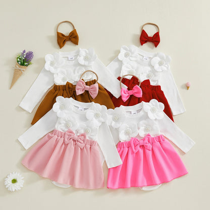 Baby Mädchen Kleid-Set mit Blüten & Schleife – 4 Designs