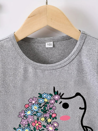 Mädchen T-Shirt mit Blumen Igel Print – Kurzarm Shirt