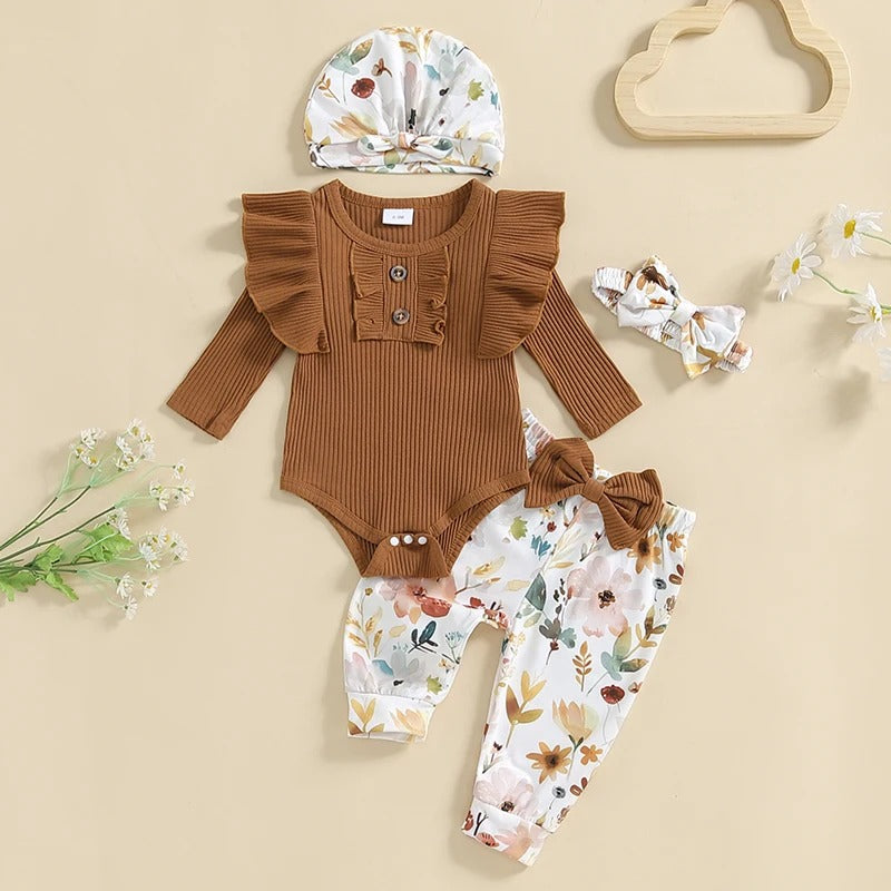 Baby Mädchen Set mit Blumenhose – 3-teiliges Outfit mit Body, Hose & Mütze