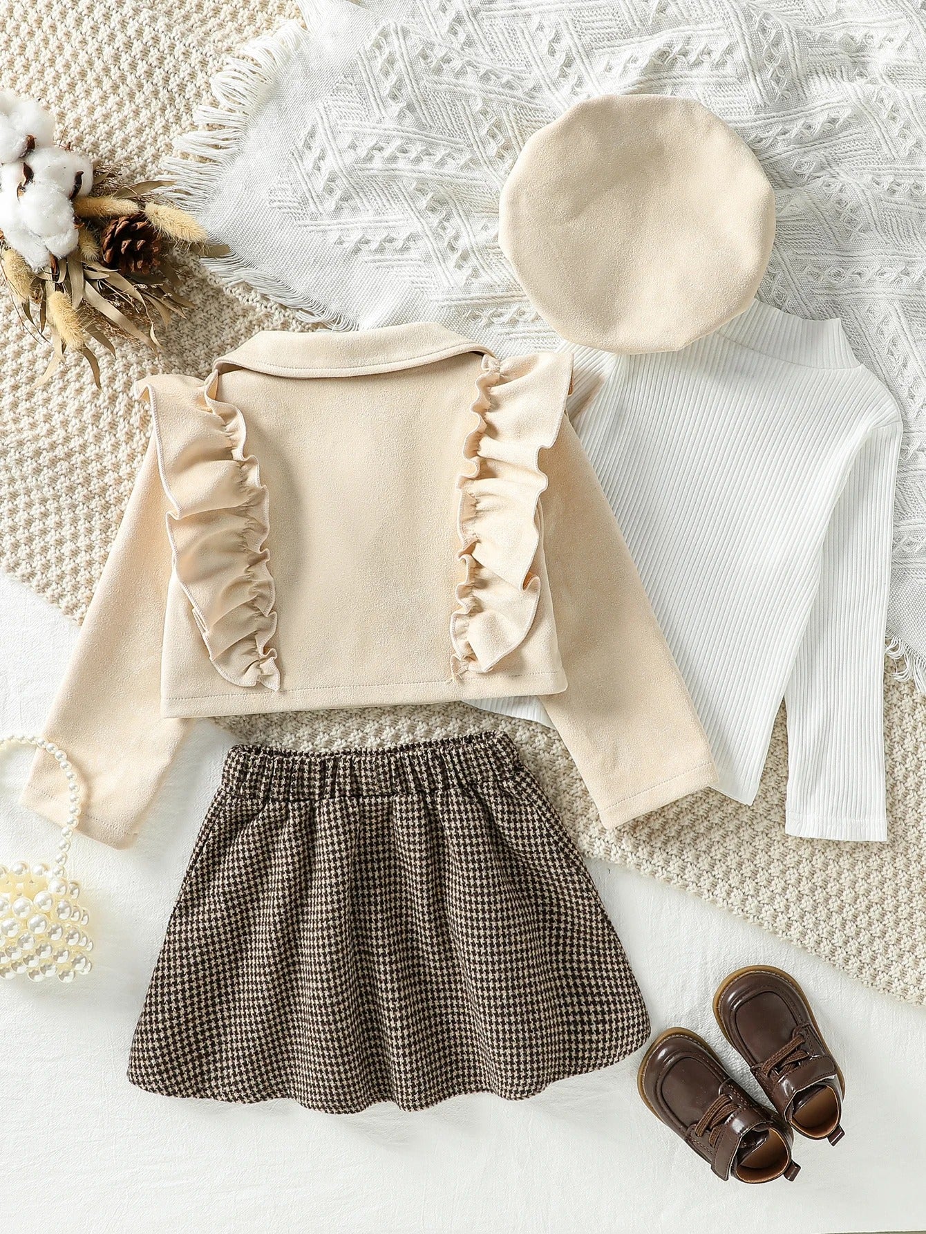 Elegantes 3-teiliges Set mit Rüschenjacke & Hahnentrittrock
