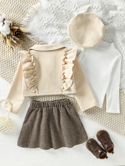 Elegantes 3-teiliges Set mit Rüschenjacke & Hahnentrittrock