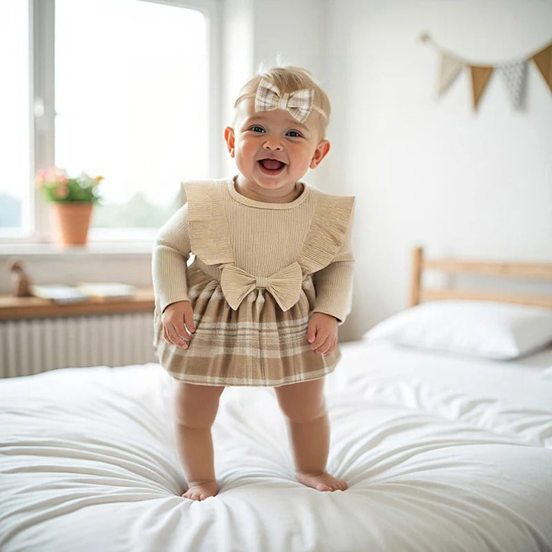 Baby Kleid Set mit Schleife & Karorock – Langarm Rippbody mit Haarband