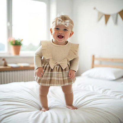 Baby Kleid Set mit Schleife & Karorock – Langarm Rippbody mit Haarband