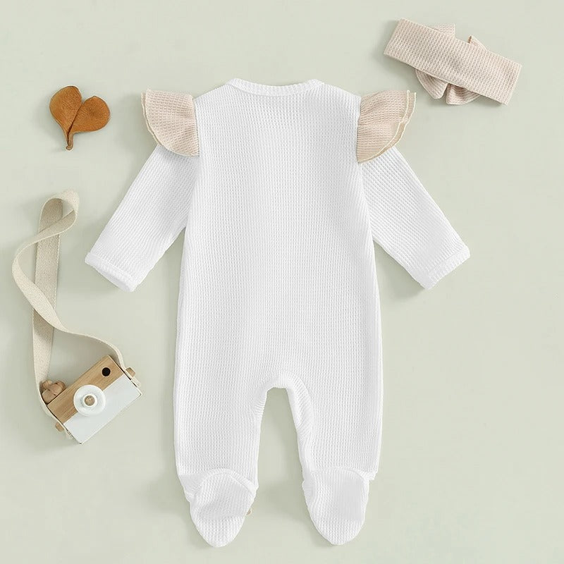 Baby Mädchen Strampler mit Rüschen & Haarband – Waffelstruktur
