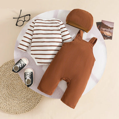 Baby Outfit 2-teilig – Streifen Body & Latzhose mit Tiermotiv inkl. Mütze