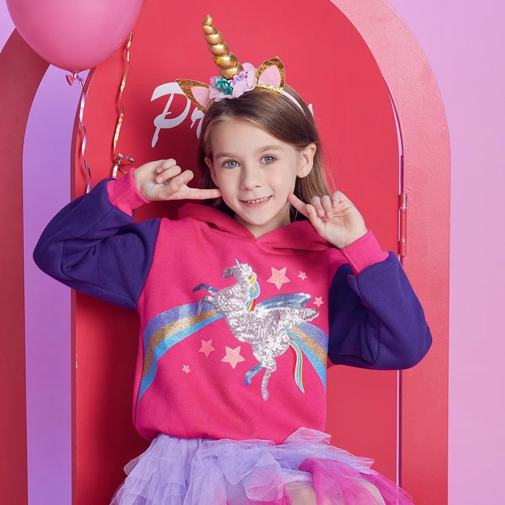 Einhorn Mädchen Hoodie mit Glitzer-Pailletten & Regenbogen – Gefütterter Kapuzenpullover