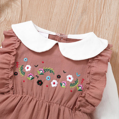 Baby Mädchen Overall mit Blumenstickerei & Peter-Pan-Kragen – 2in1 Strampler in Altrosa