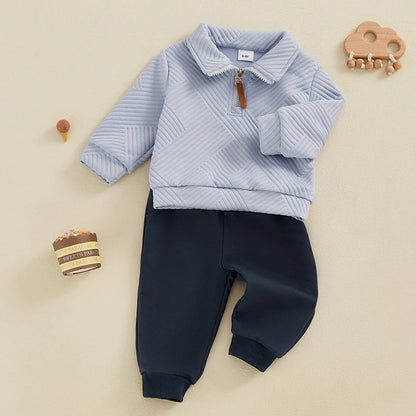 Baby Jungen Set mit Strukturpullover & Hose – 2-teiliges Outfit in Hellblau/Dunkelblau