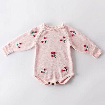 Baby Strickbody mit Kirschstickerei – Langarm Body für Mädchen