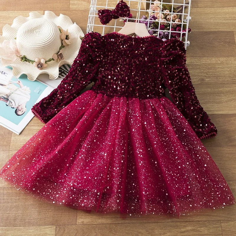 Paillettenkleid für Mädchen – Samtoberteil mit Glitzertüllrock & Puffärmeln