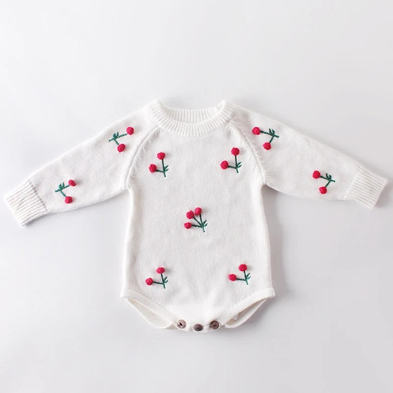 Baby Strickbody mit Kirschstickerei – Langarm Body für Mädchen