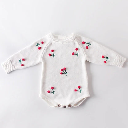 Baby Strickbody mit Kirschstickerei – Langarm Body für Mädchen