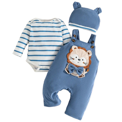 Baby Outfit 2-teilig – Streifen Body & Latzhose mit Tiermotiv inkl. Mütze