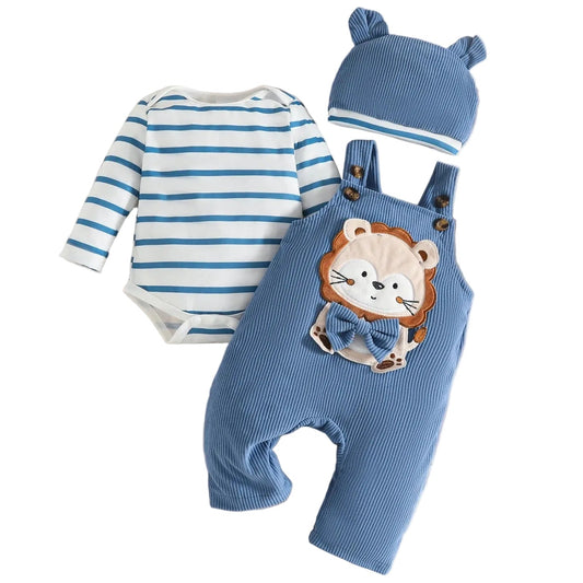 Baby Outfit 2-teilig – Streifen Body & Latzhose mit Tiermotiv inkl. Mütze