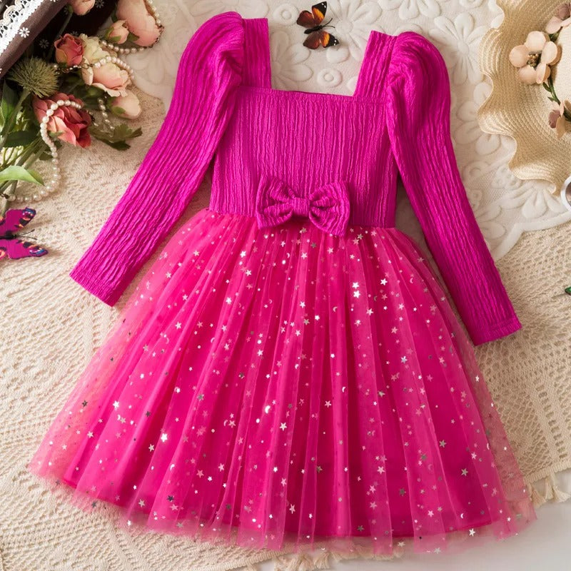 Glitzerndes Mädchenkleid mit Tüllrock – Langarmkleid mit Sternenmuster / Weihnachten & festliche Anlässe