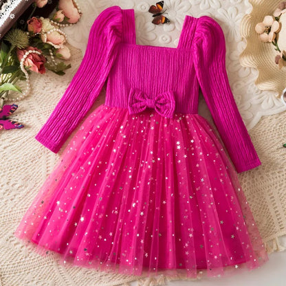 Glitzerndes Mädchenkleid mit Tüllrock – Langarmkleid mit Sternenmuster / Weihnachten & festliche Anlässe