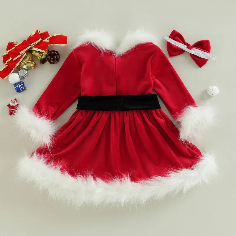 Weihnachtskleid mit Kunstfellbesatz & Haarband