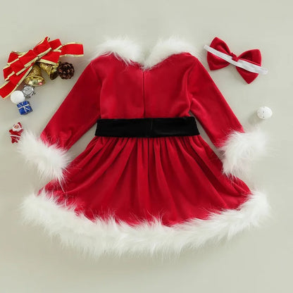 Weihnachtskleid mit Kunstfellbesatz & Haarband
