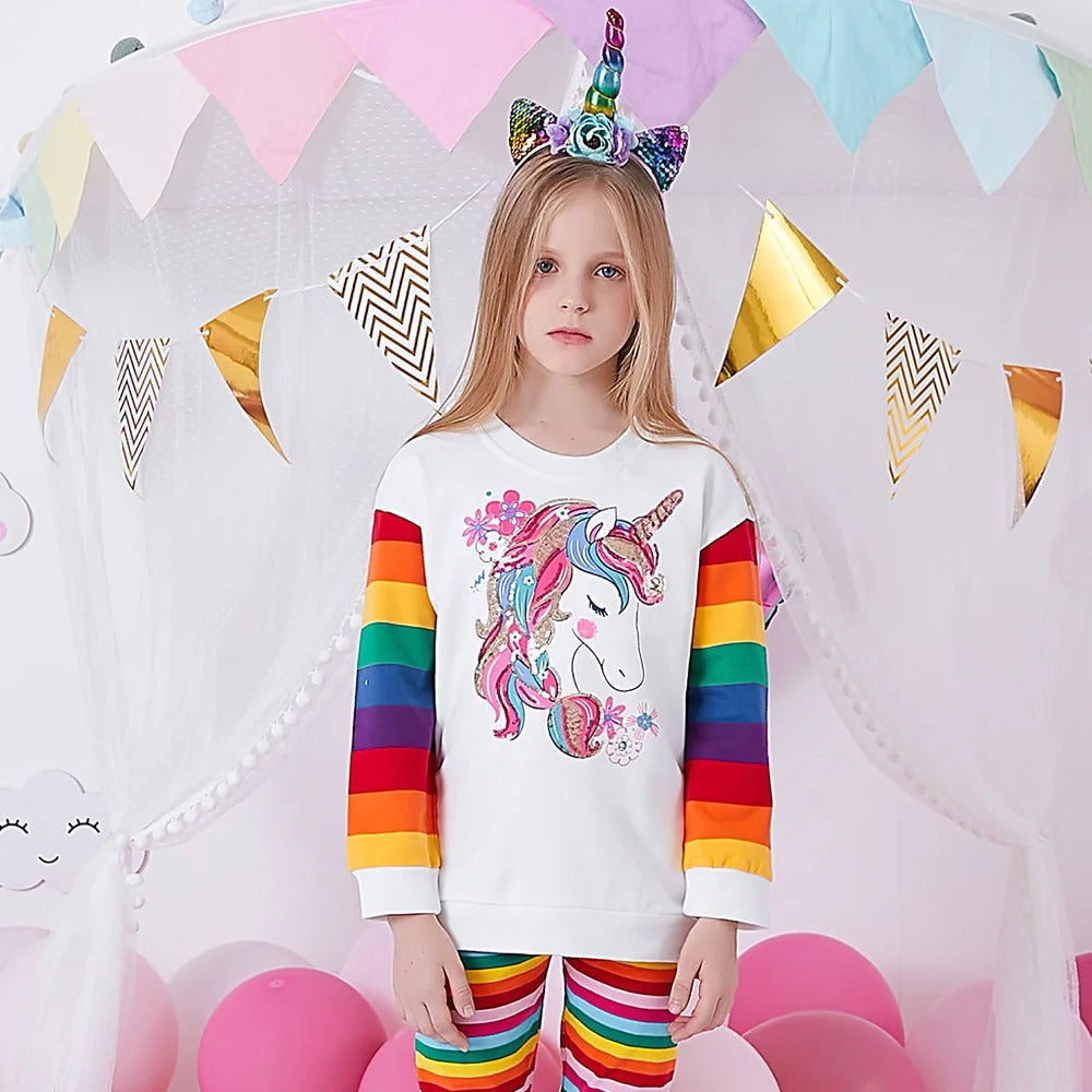 Mädchen Einhorn Sweatshirt mit Regenbogenärmeln – Glitzer & Pailletten