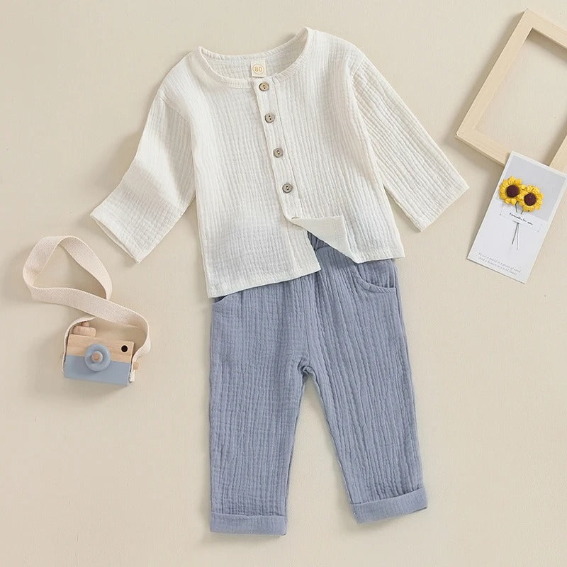 Musselin Jungen Set 2-teilig – Baumwolle Outfit mit Knopfleiste & Hose (Gr. 74–116)