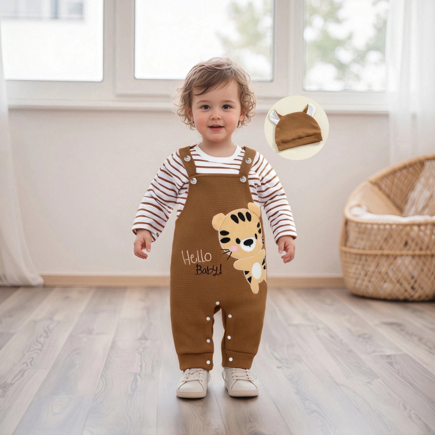 Strampler-Set „Hello Baby“ mit Tiger-Motiv & Mütze