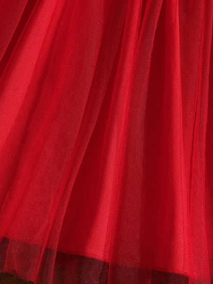 Festliches Kinderkleid mit 3D-Blumen & rotem Tüllrock