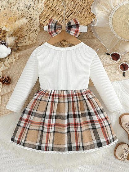 Baby Mädchen Kleid im Karo-Design mit Schleife & Haarband – langarm