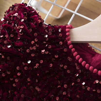 Paillettenkleid für Mädchen – Samtoberteil mit Glitzertüllrock & Puffärmeln