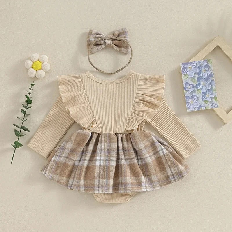 Baby Kleid Set mit Schleife & Karorock – Langarm Rippbody mit Haarband