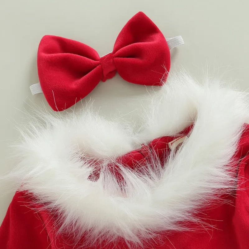 Weihnachtskleid mit Kunstfellbesatz & Haarband