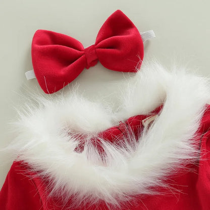 Weihnachtskleid mit Kunstfellbesatz & Haarband
