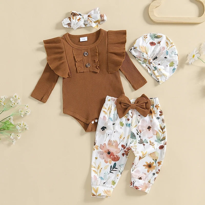 Baby Mädchen Set mit Blumenhose – 3-teiliges Outfit mit Body, Hose & Mütze