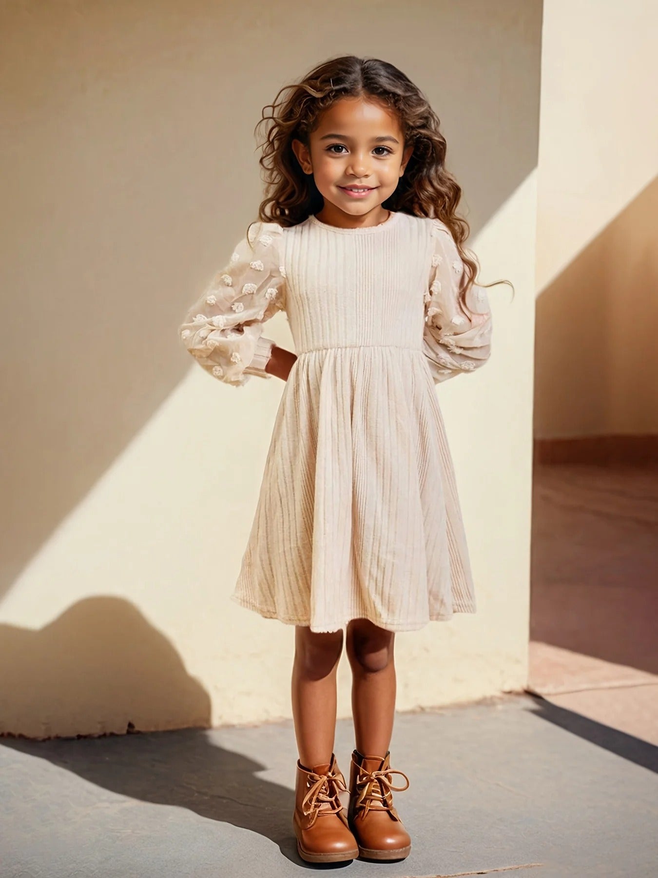 Cordkleid mit bestickten Tüllärmeln