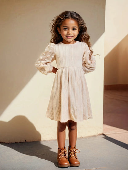 Cordkleid mit bestickten Tüllärmeln