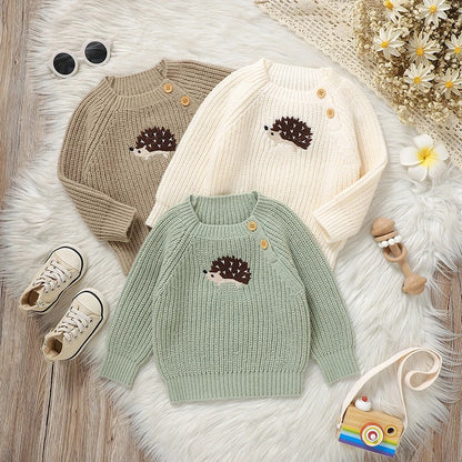 Baby Strickpullover mit Igel Motiv – Unisex Baumwollpullover mit Knöpfen
