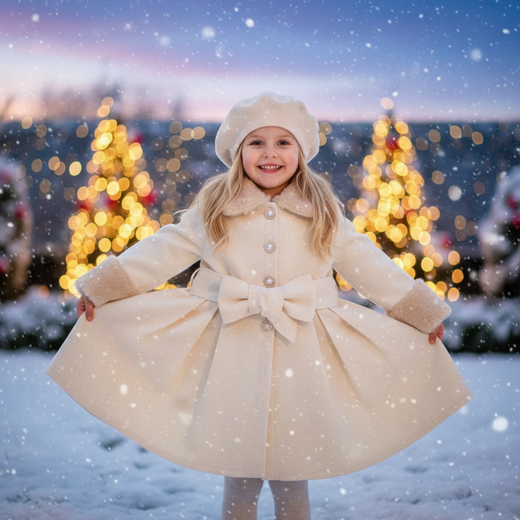 Eleganter Wintermantel mit Schleife & Kunstfellkragen