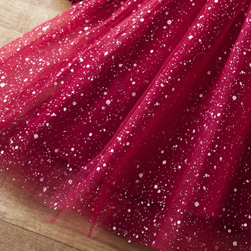 Paillettenkleid für Mädchen – Samtoberteil mit Glitzertüllrock & Puffärmeln