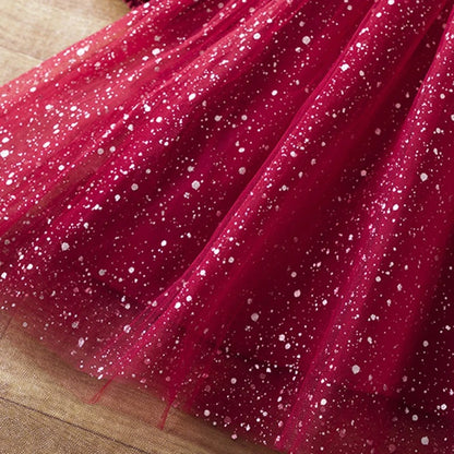 Paillettenkleid für Mädchen – Samtoberteil mit Glitzertüllrock & Puffärmeln
