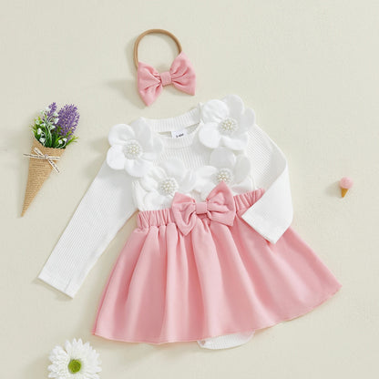 Baby Mädchen Kleid-Set mit Blüten & Schleife – 4 Designs