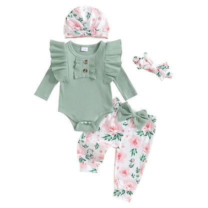 Baby Mädchen Set mit Blumenhose – 3-teiliges Outfit mit Body, Hose & Mütze